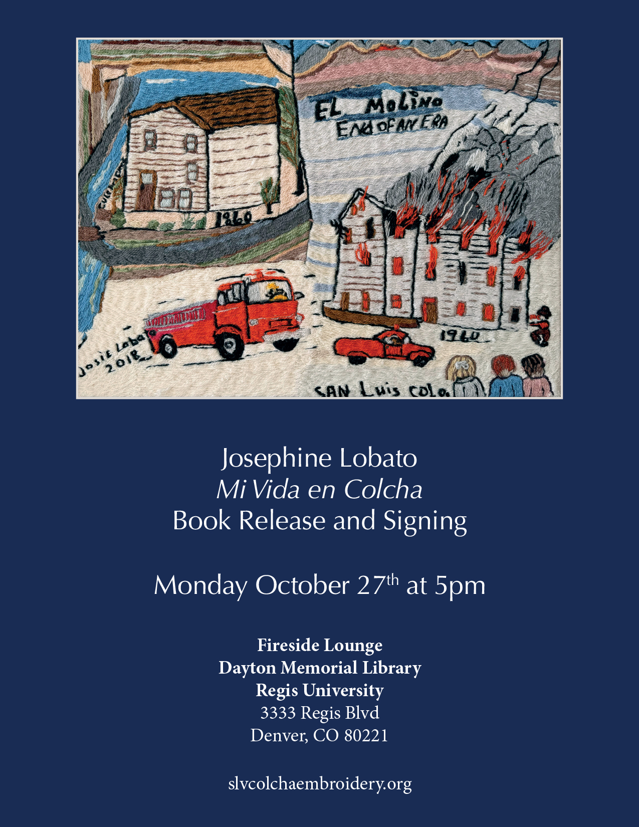 Josephine Lobato Mi Vida en Colcha book launch at Regis University in Denver Monday October 27 at 5pm